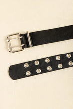 Black leather two row eyelet belt with studded design and double silver buckles