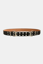 Black leather two row eyelet belt with double silver buckles