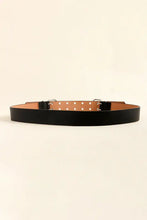 Black leather two row eyelet belt with white polka dots and silver buckles