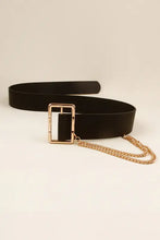 Black leather wide belt with gold buckle and chain accent