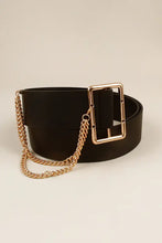 Black leather wide belt with gold rectangular buckle and chain accent