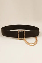 Black faux leather wide belt with gold buckle and chain accent