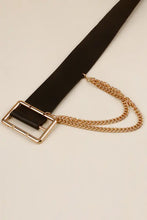 Black leather wide belt with gold buckle and chain accent