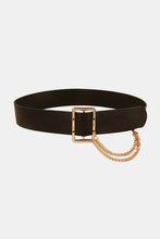 Black faux leather wide belt with gold rectangular buckle and draped chains