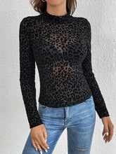Black Leopard Print Long Sleeve Sheer Top for Women