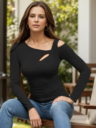 Black Long Sleeve Asymmetrical Cutout Top for Women Black