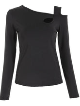 Black Long Sleeve Asymmetrical Cutout Top for Women