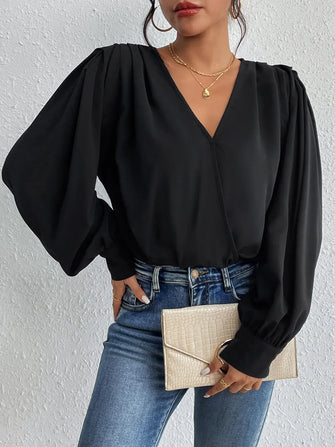 Black Long Sleeve Bodysuit Polyester Basic Style Black