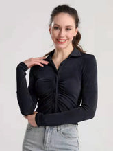 Black Long Sleeve Collared Crop Top for Women Black