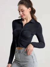 Black Long Sleeve Collared Crop Top for Women
