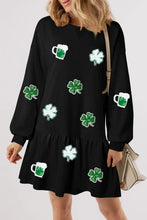 Black long sleeve dress with green shamrock and beer mug print