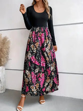 Black long sleeve maxi dress with floral round neck skirt