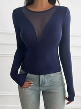 Black Long Sleeve Mesh Paneled Bodysuit Dark Blue Woman T Shirts