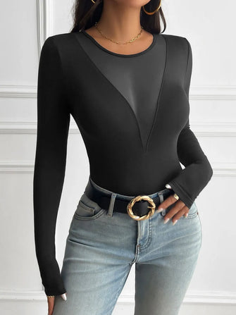 Black Long Sleeve Mesh Paneled Bodysuit Black
