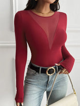 Black Long Sleeve Mesh Paneled Bodysuit Woman T Shirts