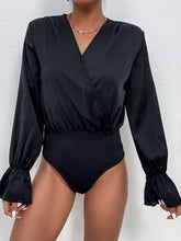 Black Long Sleeve Ruched Surplice Bodysuit for Women Black