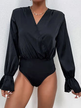 Black Long Sleeve Ruched Surplice Bodysuit for Women Black Woman Bodysuits
