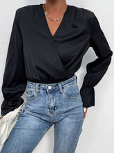 Black Long Sleeve Ruched Surplice Bodysuit for Women
