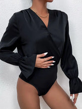 Black Long Sleeve Ruched Surplice Bodysuit for Women Woman Bodysuits