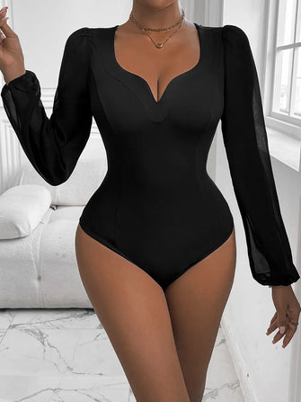 Black Long Sleeve Semi-Sheer Bodysuit for Women Black