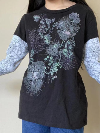 Black Long Sleeve Shirt with Spiderweb and Floral Design Black