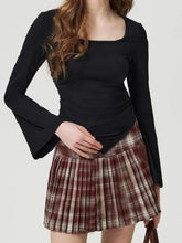 Black Long Sleeve Square Neck Top with Plaid Pleated Skirt Set Black