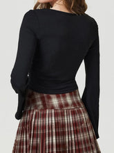 Black Long Sleeve Square Neck Top with Plaid Pleated Skirt Set