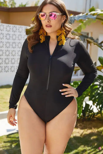 Black Long Sleeve Swimsuit for Women Plus Size V Neck Zipper Black Swimwear