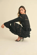 Black Knit Midi Dress with Long Sleeve Tiered Ruffle Details Woman Sweater Dresses