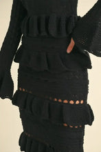Black Knit Midi Dress with Long Sleeve Tiered Ruffle Details Woman Sweater Dresses