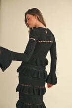 Black Knit Midi Dress with Long Sleeve Tiered Ruffle Details Woman Sweater Dresses