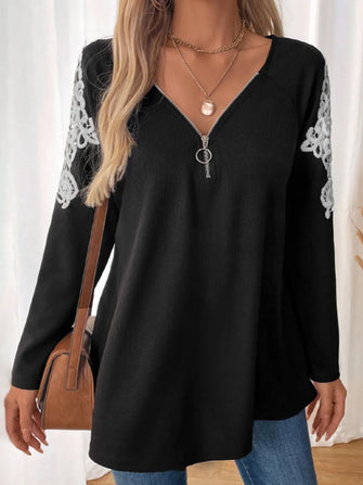 Black Long Sleeve Top with Lace Shoulder Detail and Zipper Black