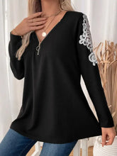 Black Long Sleeve Top with Lace Shoulder Detail and Zipper Woman T Shirts