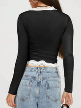 Black Long Sleeve Top with White Lace Trim Woman T Shirts