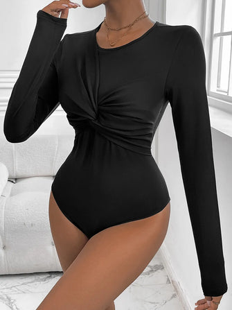 Black Long Sleeve Twist Front Bodysuit for Women Black