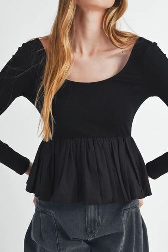 Black Long-Sleeved Peplum Top for Women Black