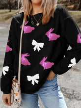 Black Long-Sleeved Sweater with Pink Sequin Bunnies and White Bows Woman Sweatshirts