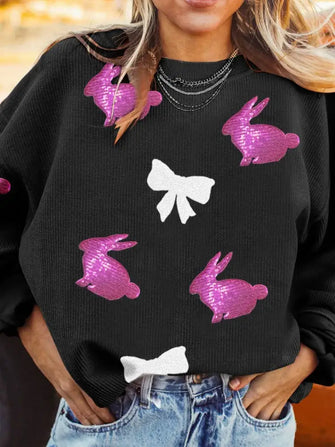 Black Long-Sleeved Sweater with Pink Sequin Bunnies and White Bows Black Woman Sweatshirts