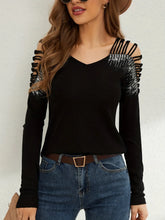 Black Long-Sleeved Top with Rhinestone Shoulder Cutouts Black