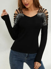 Black Long-Sleeved Top with Rhinestone Shoulder Cutouts Woman T Shirts
