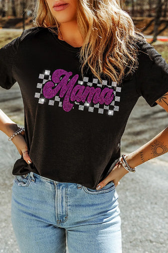 Black Mama Graphic T-Shirt for Women with Rhinestone Detailing Black