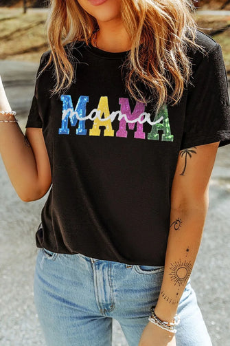 Black Mama Sequin Graphic T Shirt for Women Black