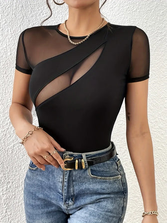 Black Mesh Lace Detail Semi Sheer Bodysuit Black