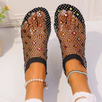 Black Mesh Rhinestone Loafers with Fishnet Socks for Women Black Woman Loafers