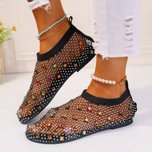 Black Mesh Rhinestone Loafers with Fishnet Socks for Women Woman Loafers