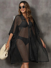 Black Mesh Sheer Swimsuit Cover-Up with Buttons
