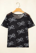 Black Mesh Sheer Top with White Bow Pattern for Women