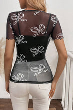 Black Mesh Sheer Top with White Bow Pattern for Women