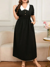 Black Midi Dress with White Collar and Decorative Buttons Black