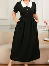 Black Midi Dress with White Collar and Decorative Buttons